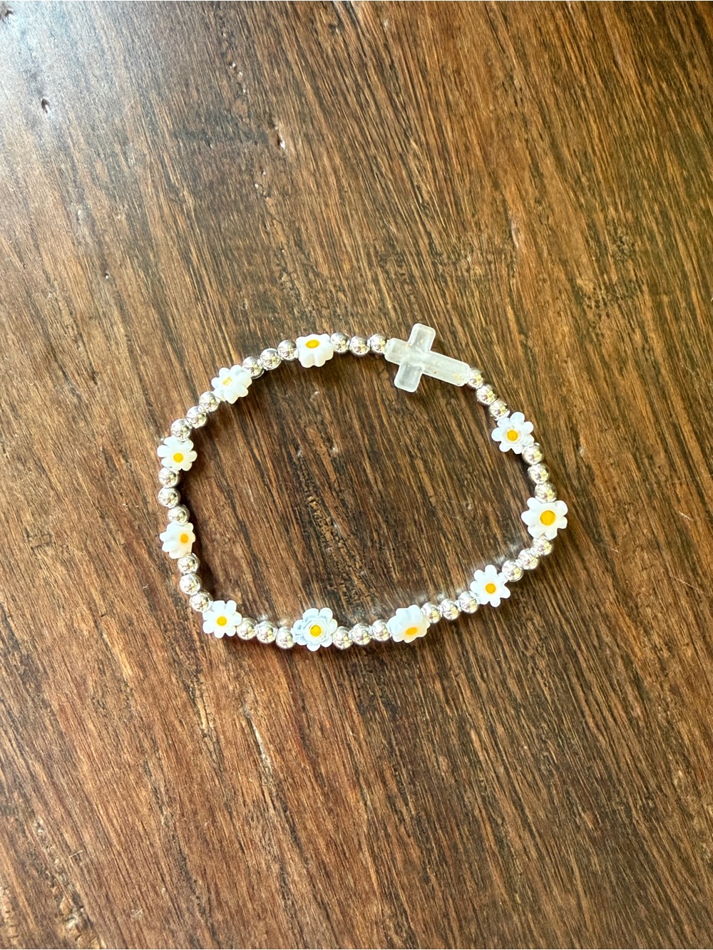 White Daisy Bead Bracelet with Cross Accent - Women's Jewelry